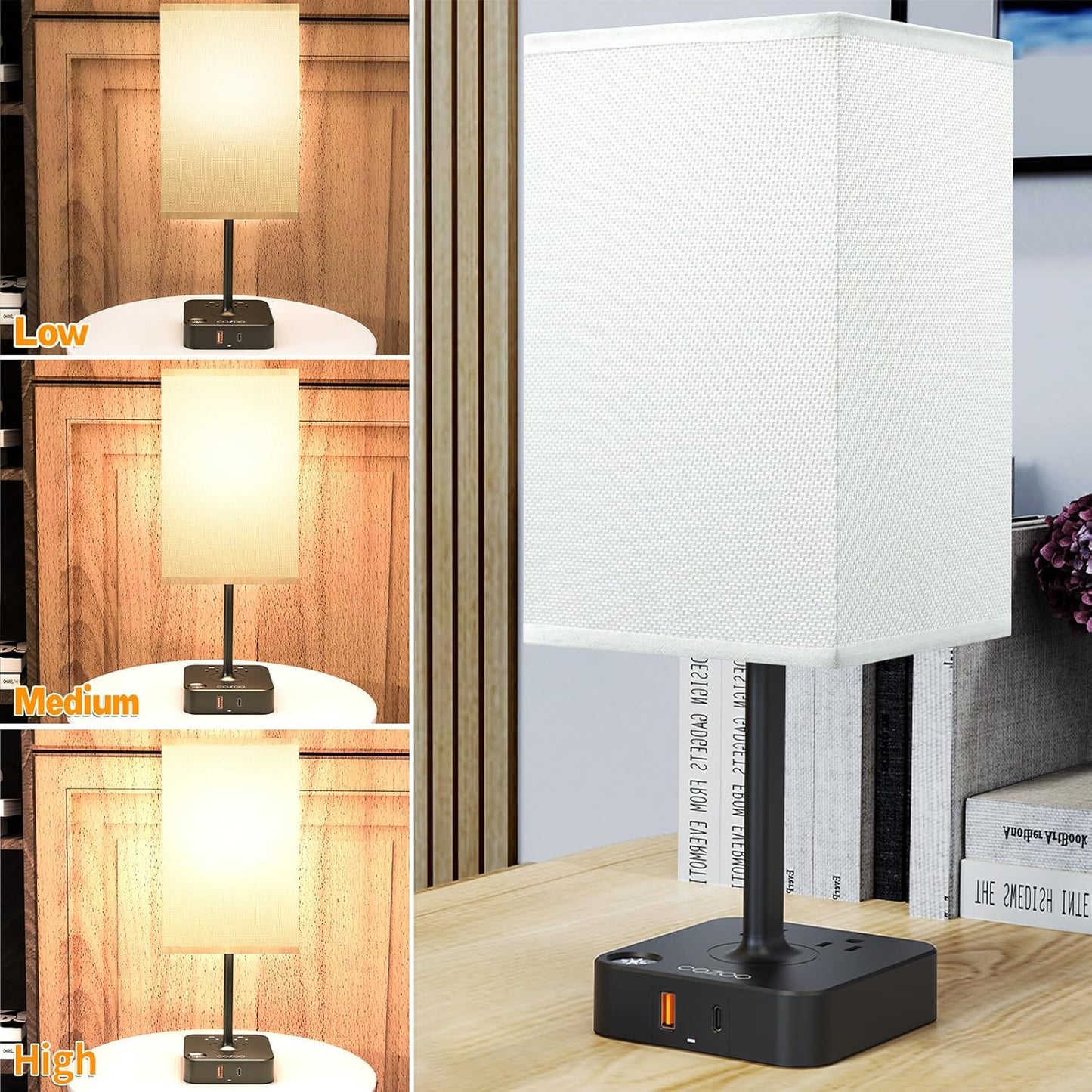 dimmable USB bedside lamp with outlets, Table Lamp Dimmable USB Bedside Table Desk Lamp with 2 USB Charging Port(A+C) 2 Outlet,Nightstand Lamp with Charger Base White Fabric Shade,Led Touch Lamp for Bedroom/Livingroom/Dorm/Home Office