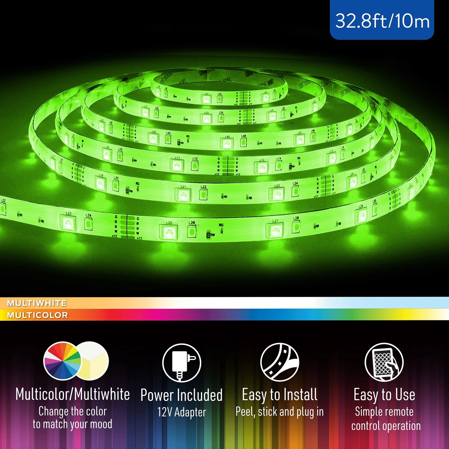 RGBW color-changing LED light strip, (2 Pack) LED Light Strip, RGBW Color-Changing Indoor LED Light Strip with Remote Control, 32.8Ft