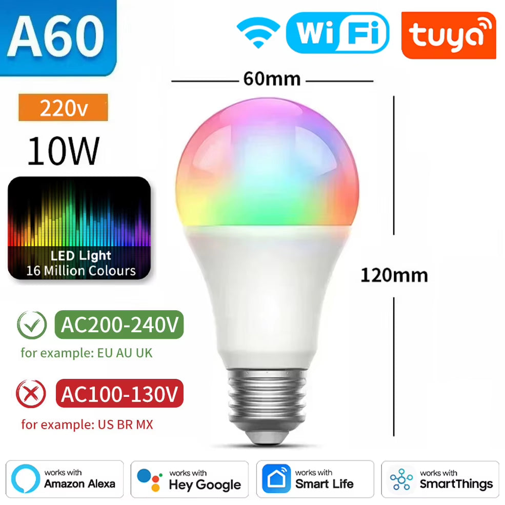 Tuya E27 smart bulb, Tuya E27 Bulb WIFI Zigbee Bluetooth, Dimmable Light LED Lamps 2700-6500K RGB, Smart Life APP, Voice with Alexa Google Home