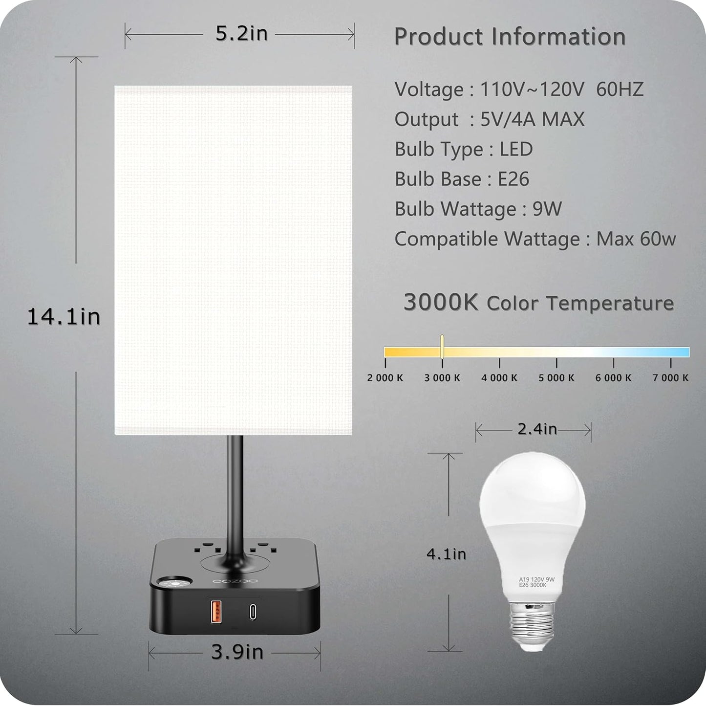 dimmable USB bedside lamp with outlets, Table Lamp Dimmable USB Bedside Table Desk Lamp with 2 USB Charging Port(A+C) 2 Outlet,Nightstand Lamp with Charger Base White Fabric Shade,Led Touch Lamp for Bedroom/Livingroom/Dorm/Home Office