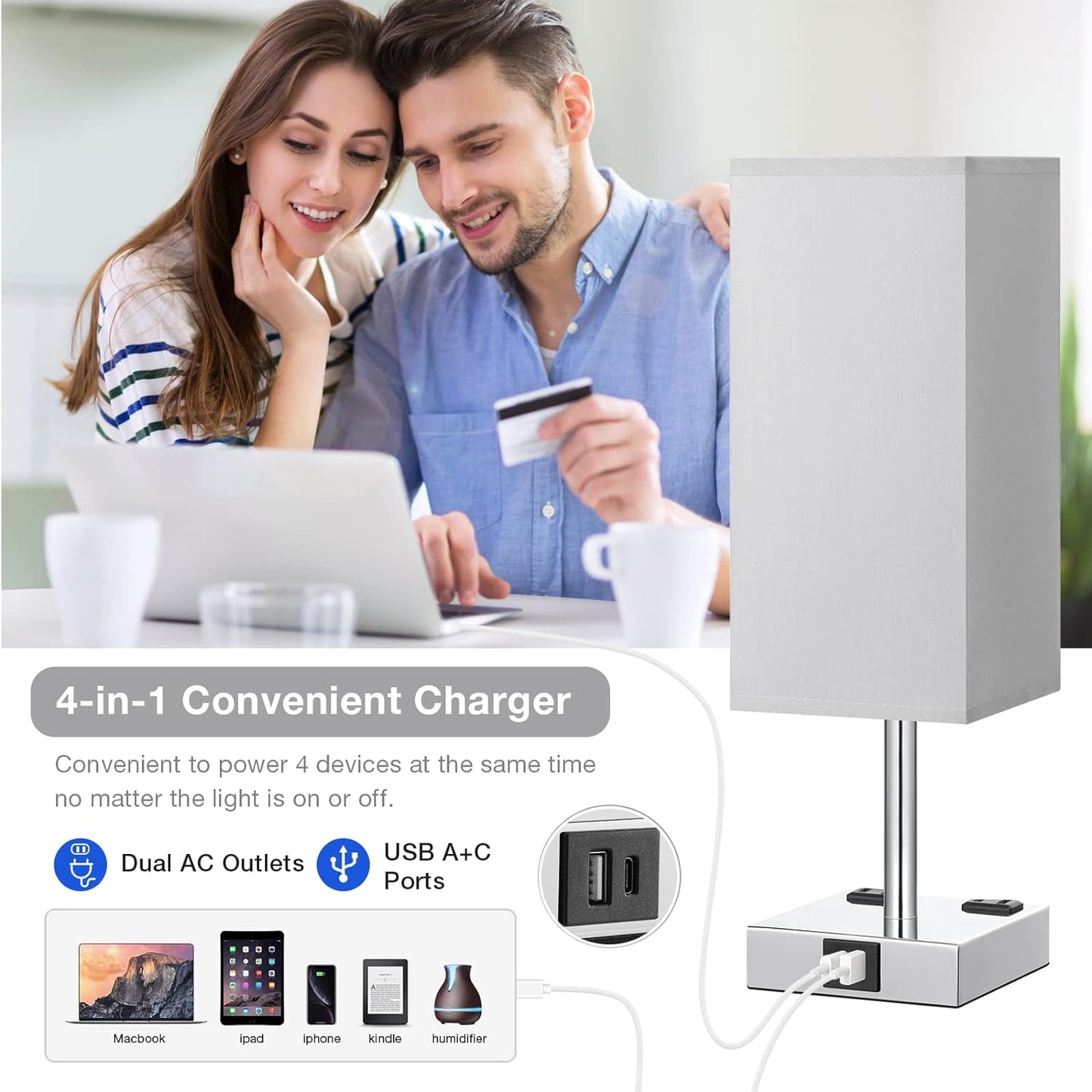 touch control bedside lamp with USB ports 【Upgraded】Bedside Table Lamp Touch Control, with USB C+A Charging Ports & Dual AC Outlets, 3-Way Nightstand Lamp for Bedroom with Lampshade Living Room Office(Led Dimmable Bulb Included)