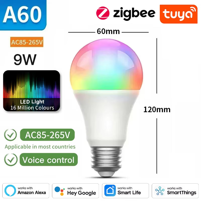 Tuya E27 smart bulb, Tuya E27 Bulb WIFI Zigbee Bluetooth, Dimmable Light LED Lamps 2700-6500K RGB, Smart Life APP, Voice with Alexa Google Home