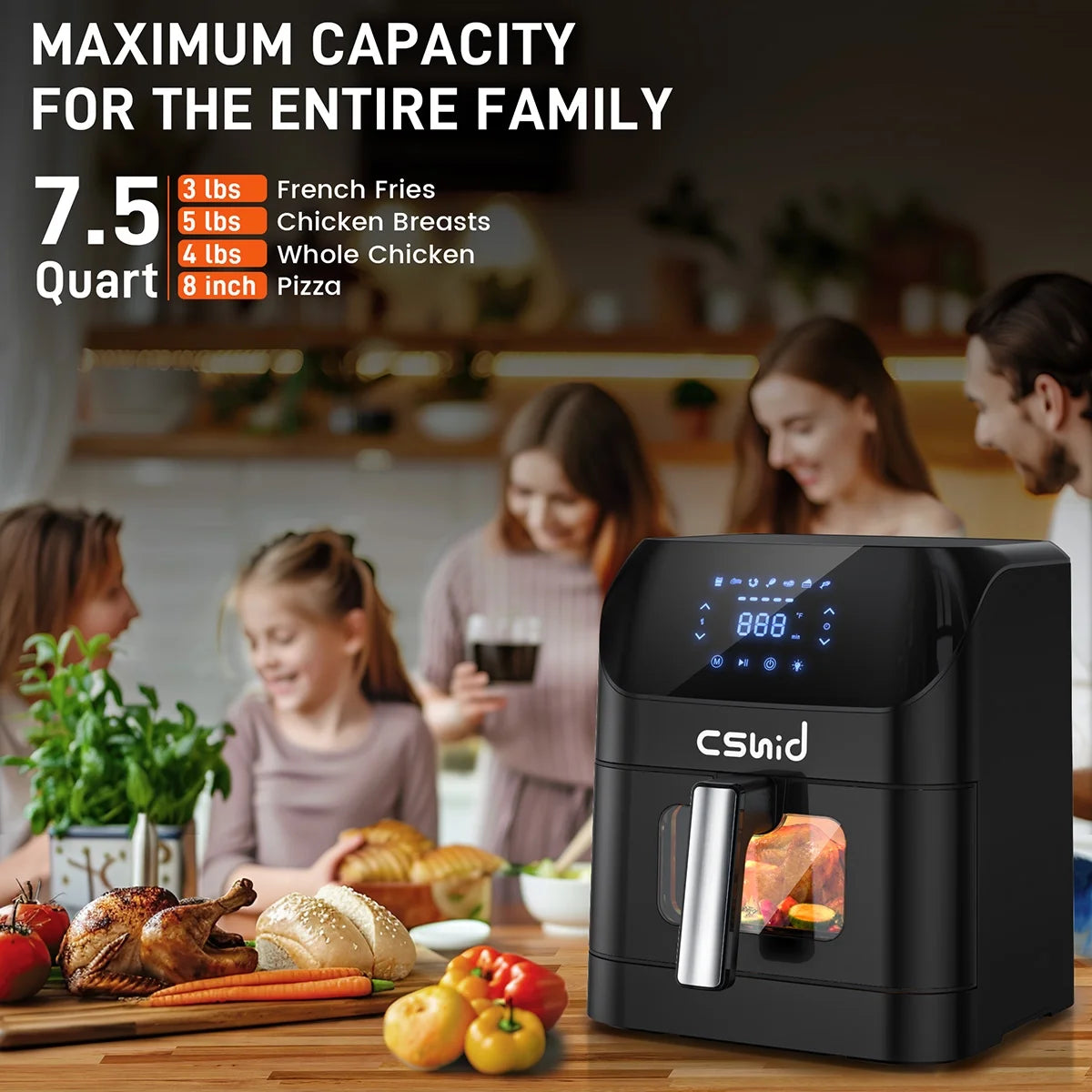 7.5 QT multifunctional air fryer, Air Fryer, 7.5 QT Large Air Fryer with Clear Window & Washable Basket,10-In-1 Presets Functions for Crisp,Roast,Bake and Reheat,Nonstick,Digital Touchscreen,Quiet, Black