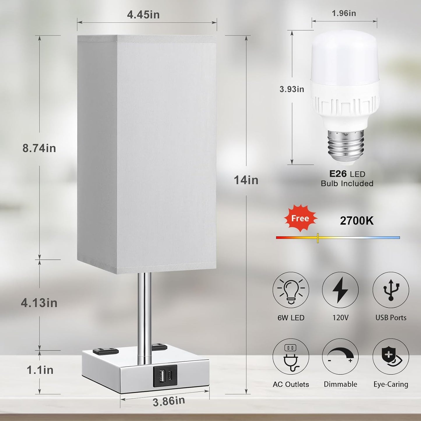 touch control bedside lamp with USB ports, 【Upgraded】Bedside Table Lamp Touch Control, with USB C+A Charging Ports & Dual AC Outlets, 3-Way Nightstand Lamp for Bedroom with Lampshade Living Room Office(Led Dimmable Bulb Included)