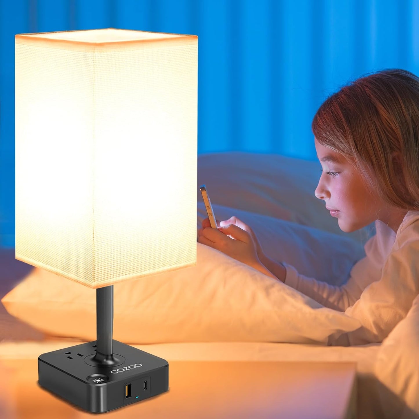 dimmable USB bedside lamp with outlets, Table Lamp Dimmable USB Bedside Table Desk Lamp with 2 USB Charging Port(A+C) 2 Outlet,Nightstand Lamp with Charger Base White Fabric Shade,Led Touch Lamp for Bedroom/Livingroom/Dorm/Home Office