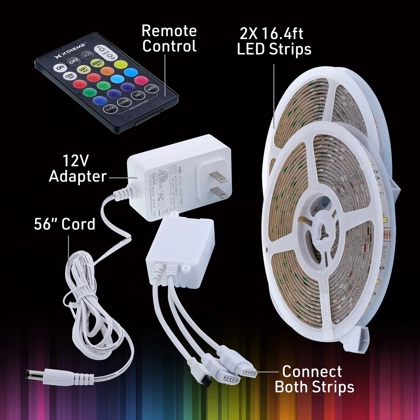 RGBW color-changing LED light strip, (2 Pack) LED Light Strip, RGBW Color-Changing Indoor LED Light Strip with Remote Control, 32.8Ft