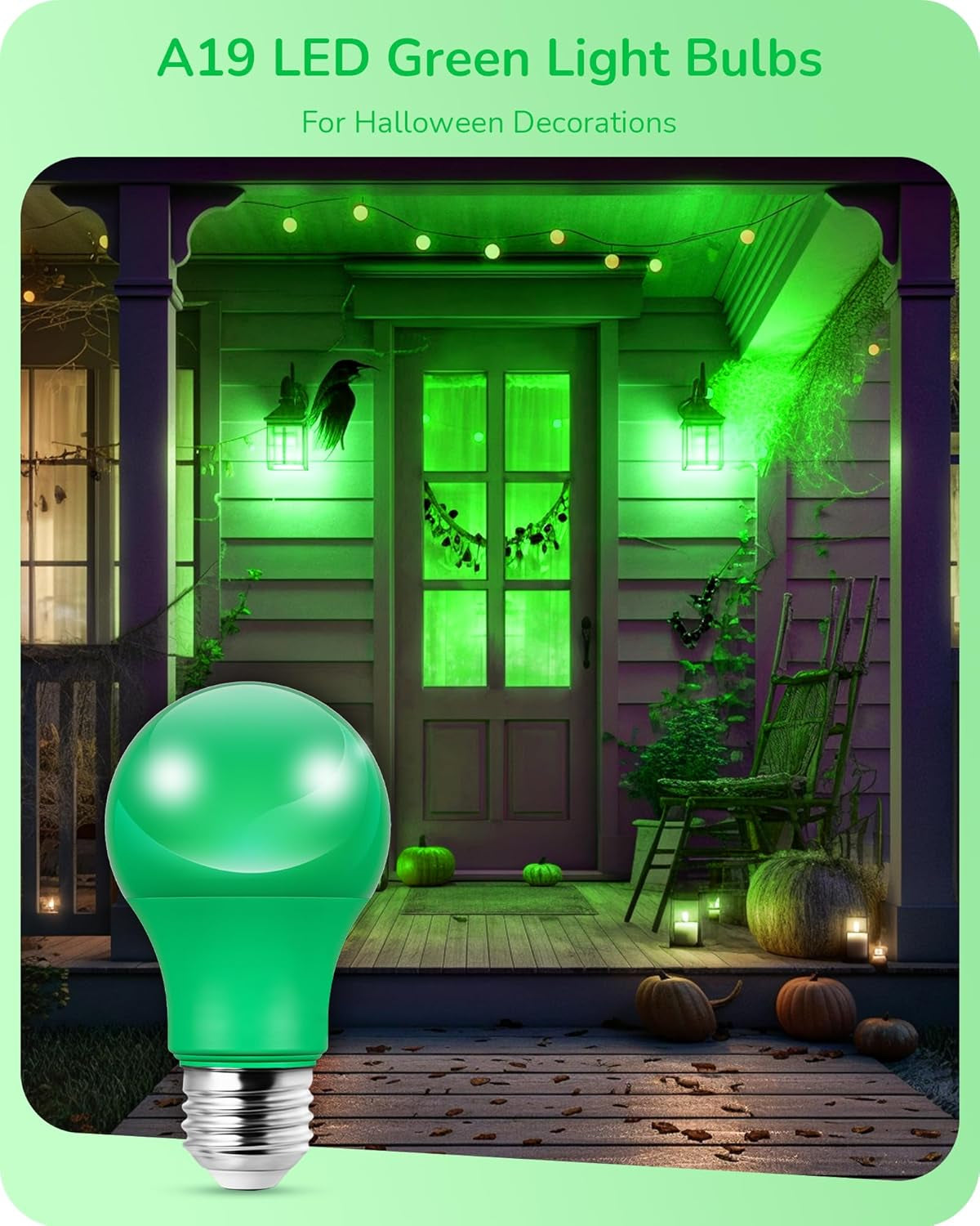 Green Light Bulb for Halloween Green Light Bulb for Halloween Green Light Bulb for Halloween Green Light Bulb for Halloween, Green Light Bulb for Halloween, A19 LED Light Bulb 60W Equivalent, E26 Medium Base, 9W, Green Lights Bulb for Halloween Decoration, Porch, Garden, 4 Pack