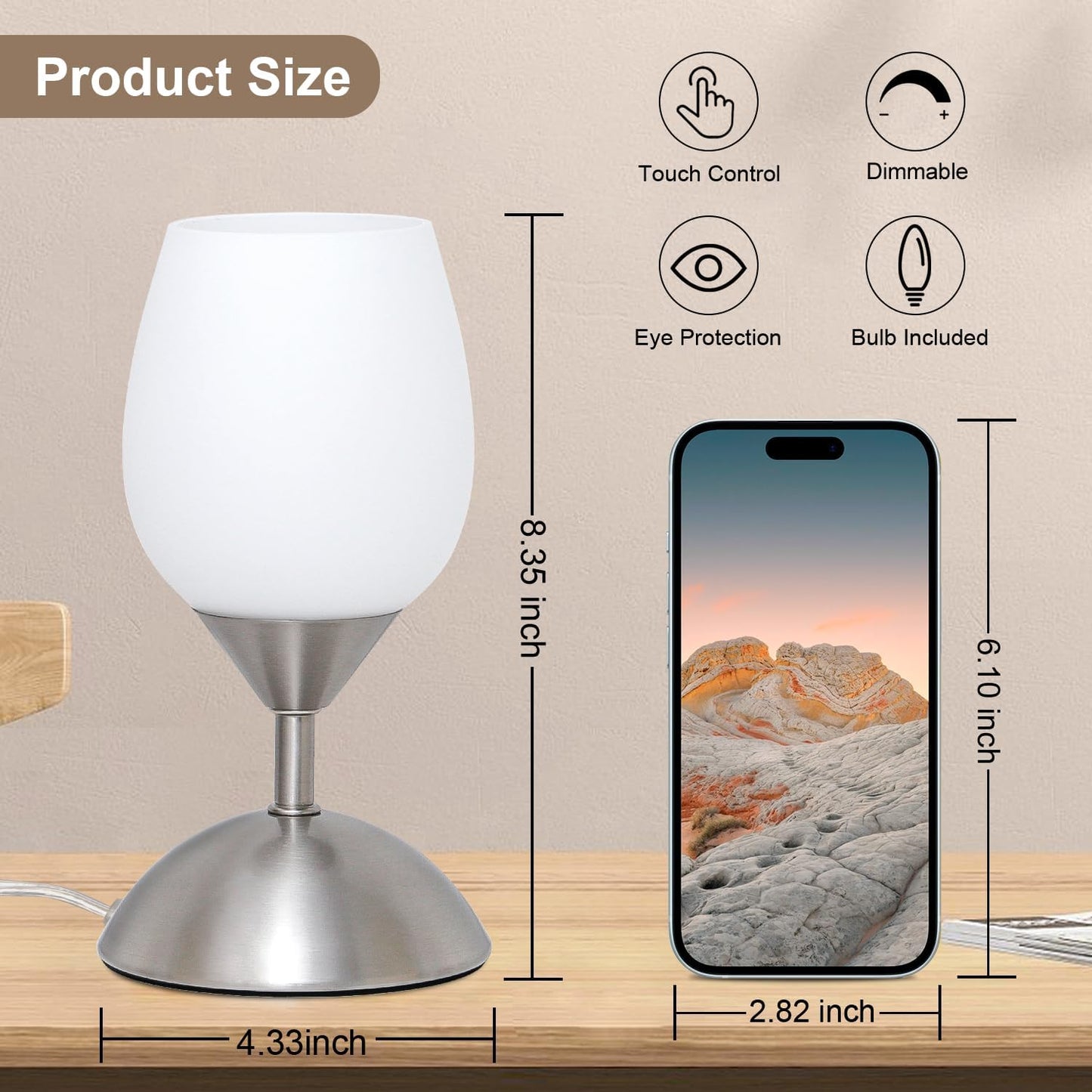 small touch lamp for bedroom Small Touch Lamp for Bedroom Nightstand, 3-Way Dimmable Bedside Lamps Opal Glass Desk Lamp Silver Base, Tiny Table Lamp for Small Spaces Ambient Lighting for Living Room, E12 Bulb Included