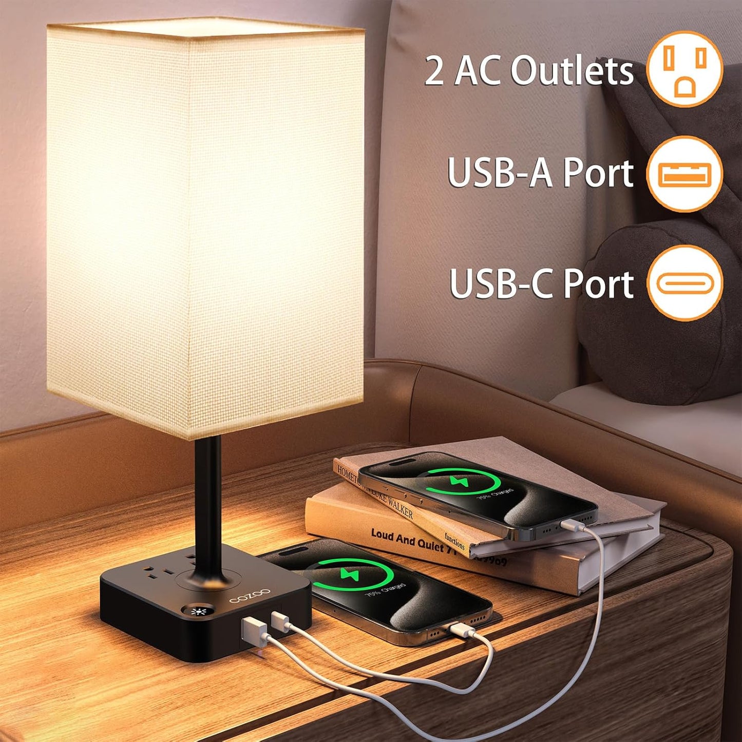 dimmable USB bedside lamp with outlets, Table Lamp Dimmable USB Bedside Table Desk Lamp with 2 USB Charging Port(A+C) 2 Outlet,Nightstand Lamp with Charger Base White Fabric Shade,Led Touch Lamp for Bedroom/Livingroom/Dorm/Home Office