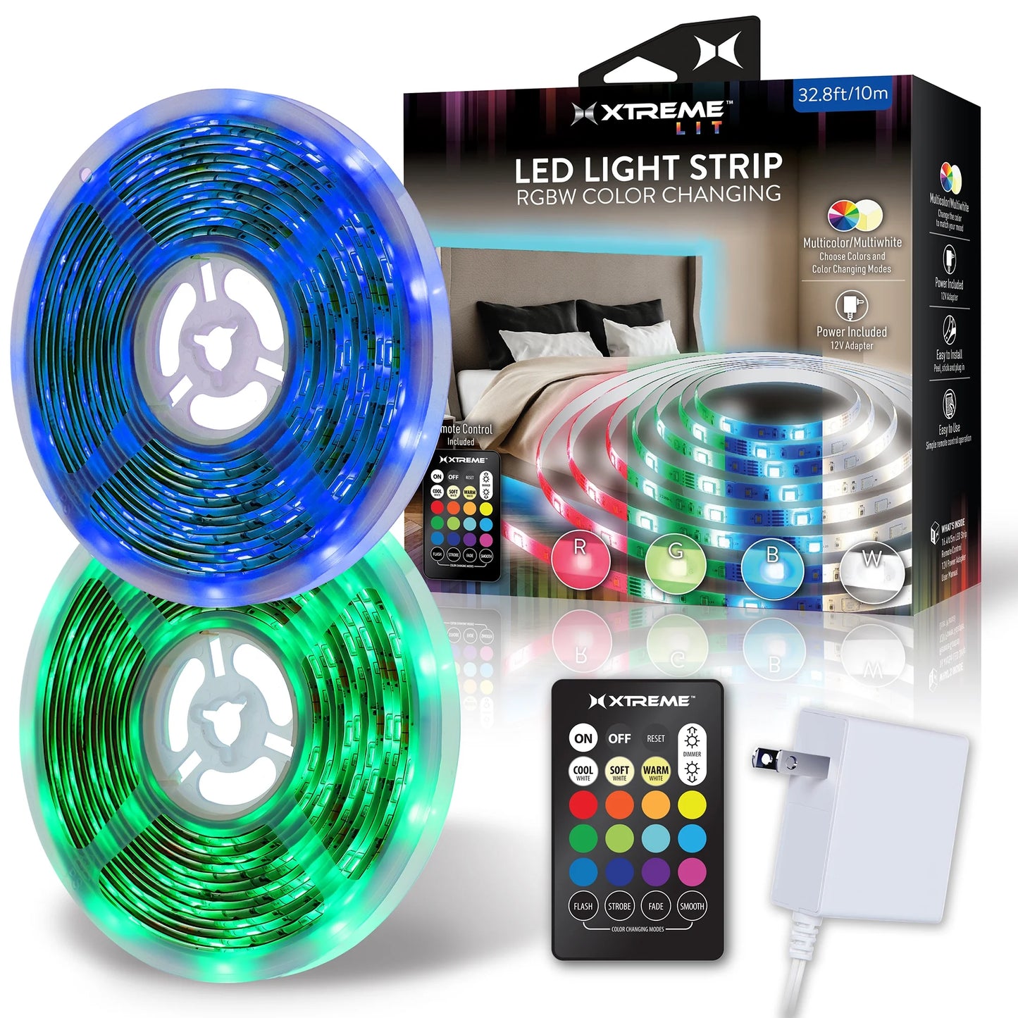 RGBW color-changing LED light strip, (2 Pack) LED Light Strip, RGBW Color-Changing Indoor LED Light Strip with Remote Control, 32.8Ft