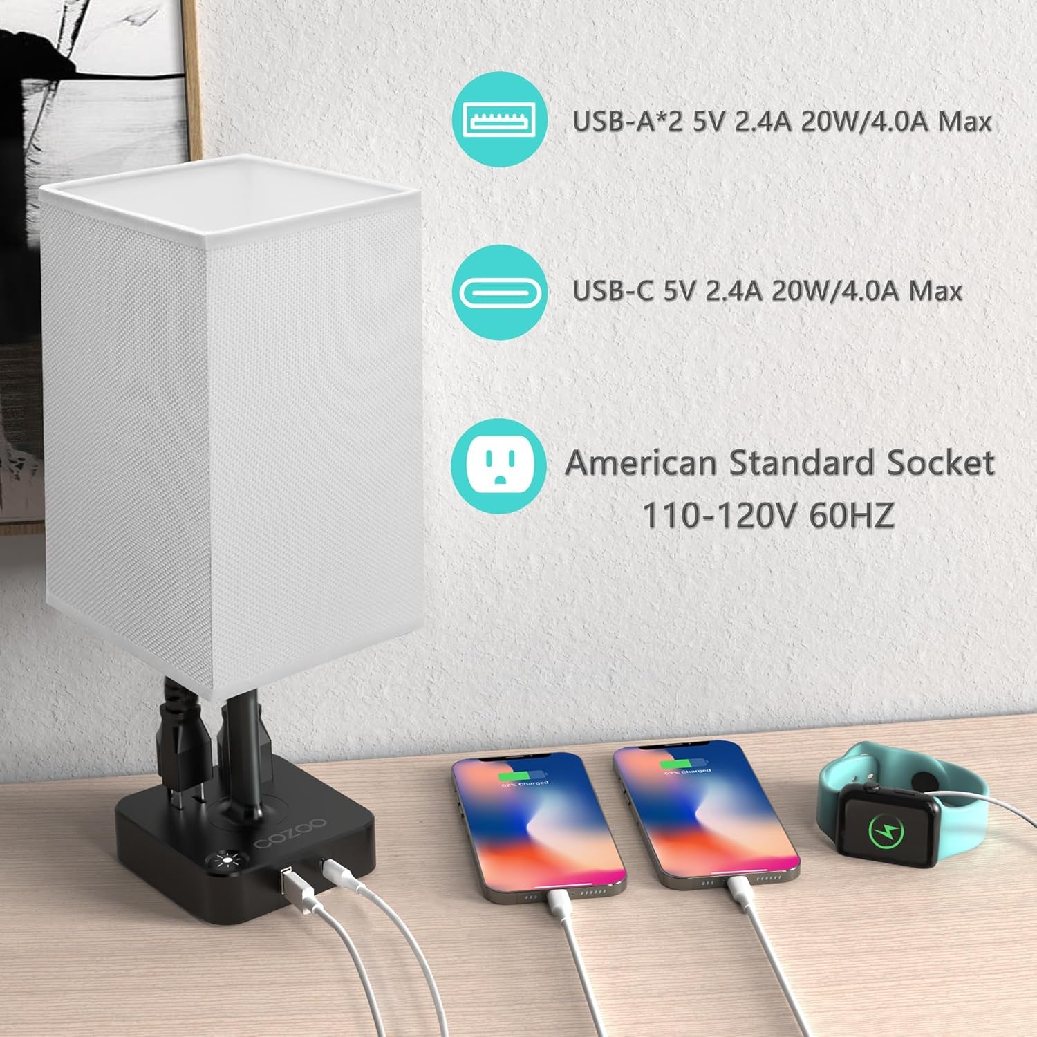 dimmable USB bedside lamp with outlets, Table Lamp Dimmable  USB Bedside Table Desk Lamp with 2 USB Charging Port(A+C) 2 Outlet,Nightstand Lamp with Charger Base White Fabric Shade,Led Touch Lamp for Bedroom/Livingroom/Dorm/Home Office