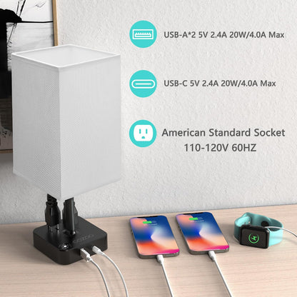 dimmable USB bedside lamp with outlets, Table Lamp Dimmable  USB Bedside Table Desk Lamp with 2 USB Charging Port(A+C) 2 Outlet,Nightstand Lamp with Charger Base White Fabric Shade,Led Touch Lamp for Bedroom/Livingroom/Dorm/Home Office