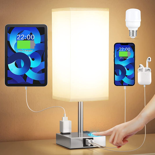 touch control bedside lamp with USB ports 【Upgraded】Bedside Table Lamp Touch Control, with USB C+A Charging Ports & Dual AC Outlets, 3-Way Nightstand Lamp for Bedroom with Lampshade Living Room Office(Led Dimmable Bulb Included)