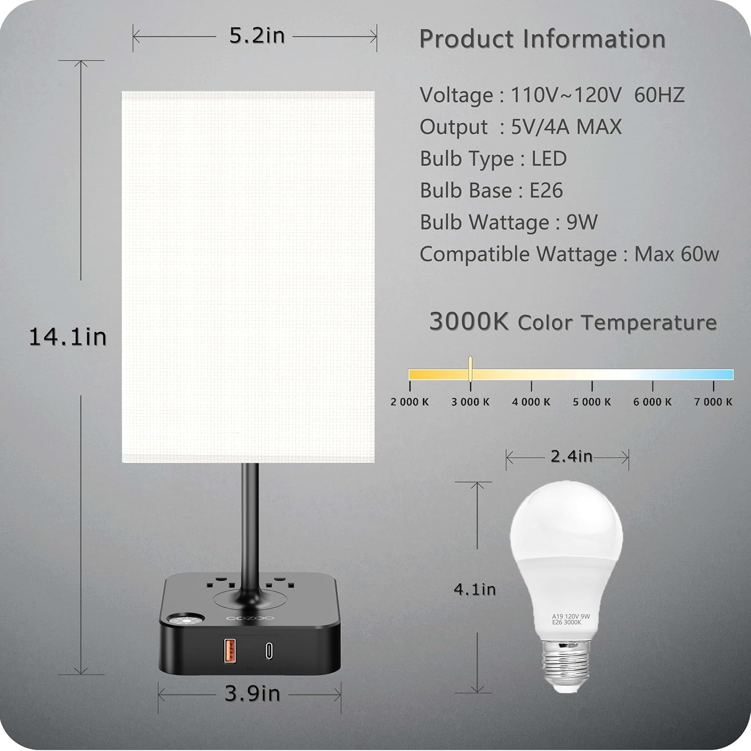 dimmable USB bedside lamp with outlets, Table Lamp Dimmable  USB Bedside Table Desk Lamp with 2 USB Charging Port(A+C) 2 Outlet,Nightstand Lamp with Charger Base White Fabric Shade,Led Touch Lamp for Bedroom/Livingroom/Dorm/Home Office