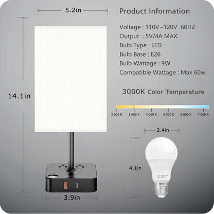 dimmable USB bedside lamp with outlets, Table Lamp Dimmable  USB Bedside Table Desk Lamp with 2 USB Charging Port(A+C) 2 Outlet,Nightstand Lamp with Charger Base White Fabric Shade,Led Touch Lamp for Bedroom/Livingroom/Dorm/Home Office