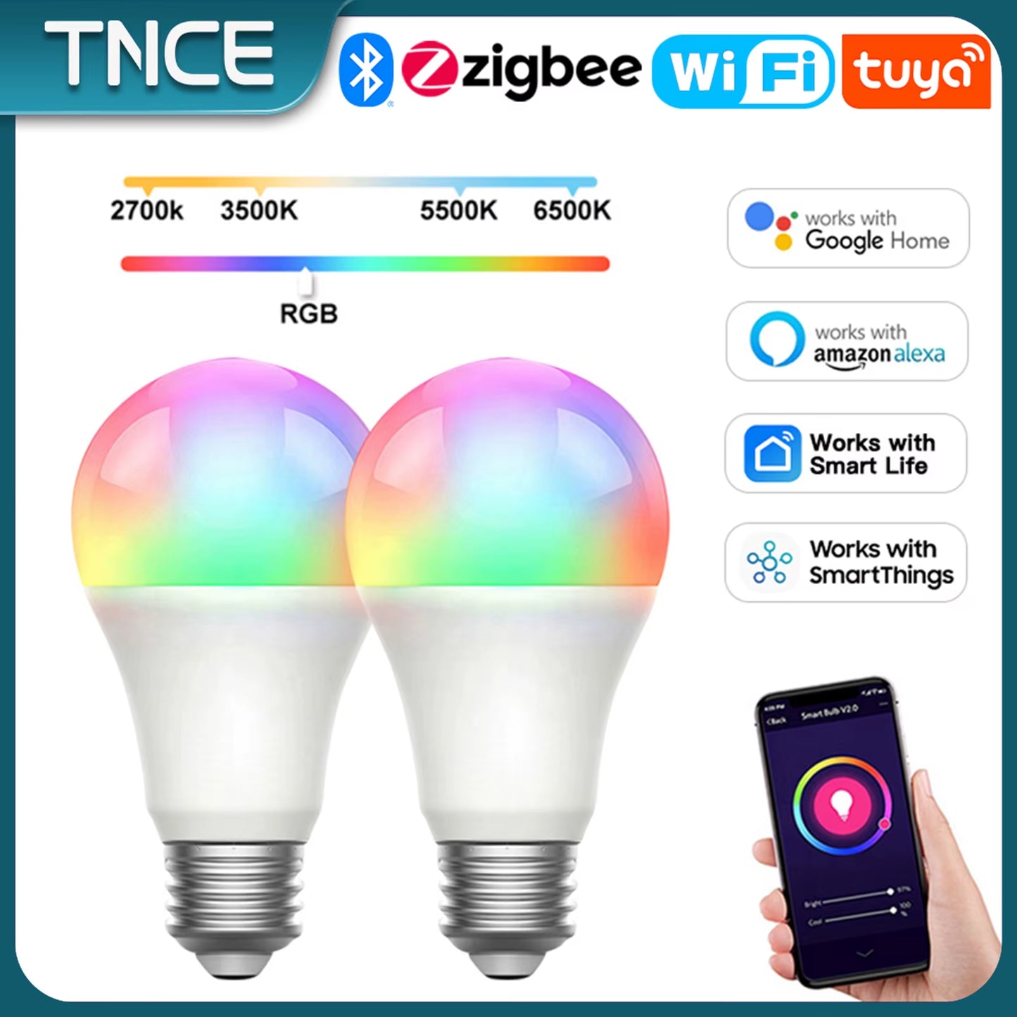 Tuya E27 smart bulb, Tuya E27 Bulb WIFI Zigbee Bluetooth, Dimmable Light LED Lamps 2700-6500K RGB, Smart Life APP, Voice with Alexa Google Home
