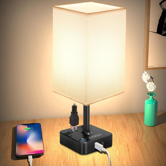 dimmable USB bedside lamp with outlets Table Lamp Dimmable  USB Bedside Table Desk Lamp with 2 USB Charging Port(A+C) 2 Outlet,Nightstand Lamp with Charger Base White Fabric Shade,Led Touch Lamp for Bedroom/Livingroom/Dorm/Home Office