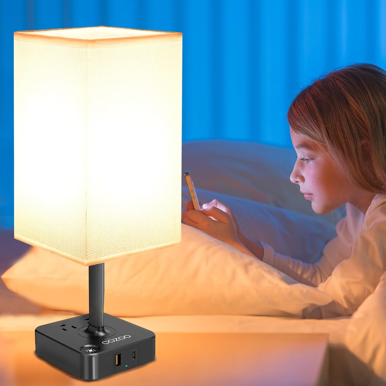 dimmable USB bedside lamp with outlets, Table Lamp Dimmable  USB Bedside Table Desk Lamp with 2 USB Charging Port(A+C) 2 Outlet,Nightstand Lamp with Charger Base White Fabric Shade,Led Touch Lamp for Bedroom/Livingroom/Dorm/Home Office