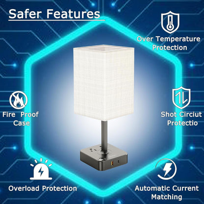 dimmable USB bedside lamp with outlets, Table Lamp Dimmable  USB Bedside Table Desk Lamp with 2 USB Charging Port(A+C) 2 Outlet,Nightstand Lamp with Charger Base White Fabric Shade,Led Touch Lamp for Bedroom/Livingroom/Dorm/Home Office
