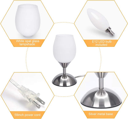 small touch lamp for bedroom Small Touch Lamp for Bedroom Nightstand, 3-Way Dimmable Bedside Lamps Opal Glass Desk Lamp Silver Base, Tiny Table Lamp for Small Spaces Ambient Lighting for Living Room, E12 Bulb Included