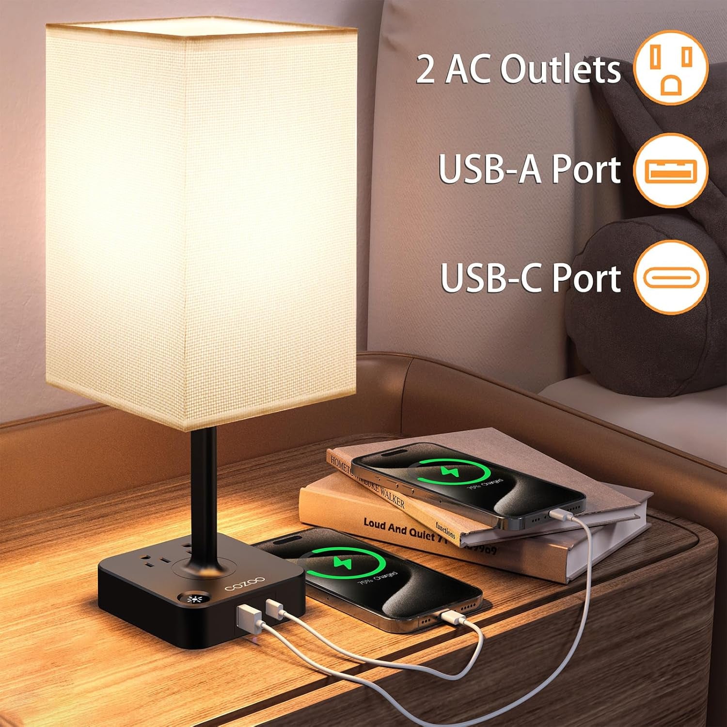 dimmable USB bedside lamp with outlets, Table Lamp Dimmable  USB Bedside Table Desk Lamp with 2 USB Charging Port(A+C) 2 Outlet,Nightstand Lamp with Charger Base White Fabric Shade,Led Touch Lamp for Bedroom/Livingroom/Dorm/Home Office