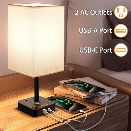 dimmable USB bedside lamp with outlets, Table Lamp Dimmable  USB Bedside Table Desk Lamp with 2 USB Charging Port(A+C) 2 Outlet,Nightstand Lamp with Charger Base White Fabric Shade,Led Touch Lamp for Bedroom/Livingroom/Dorm/Home Office